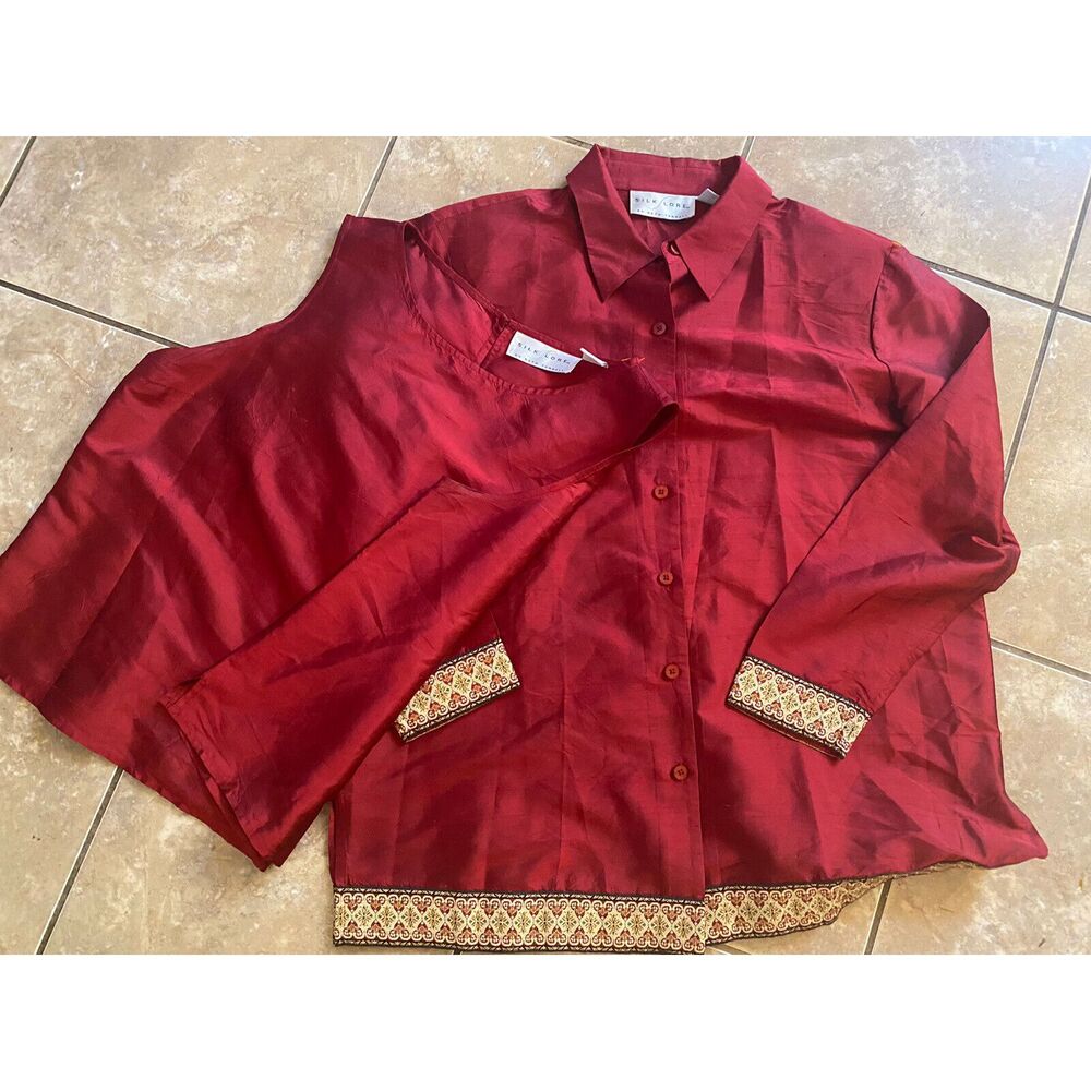 SILK Lore Burgundy Shirt / Jacket & Tank 100% Silk  L Embellished Gold Vintage